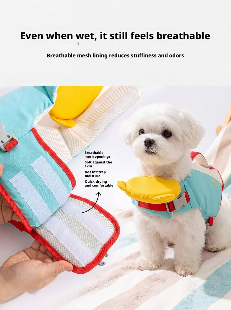 A small white dog wearing a teal and yellow pet breathable vest stands on a striped towel while a person holds up the vest to show its mesh lining. Text at the top and side explains breathability and odor reduction.