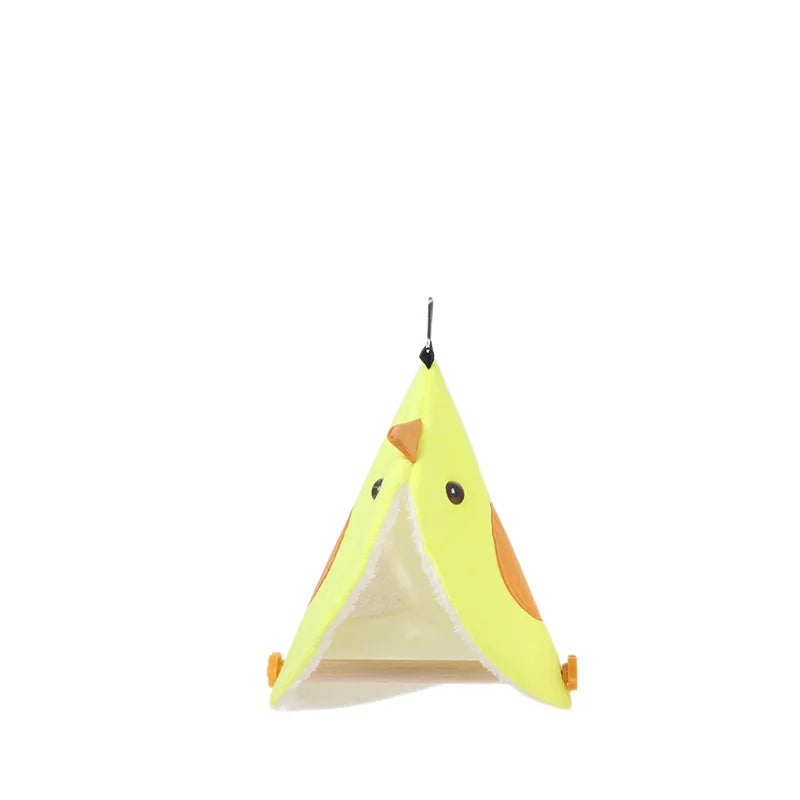 Yellow pet tent with a cartoon face on a white background