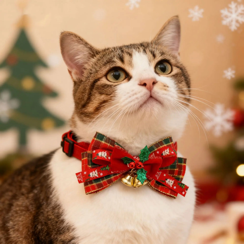 A close-up of a tabby and white cat wearing a red Christmas-themed collar with a plaid bow, green holly accent, and small gold bell, set against a festive blurred background with a Christmas tree and snowflakes.