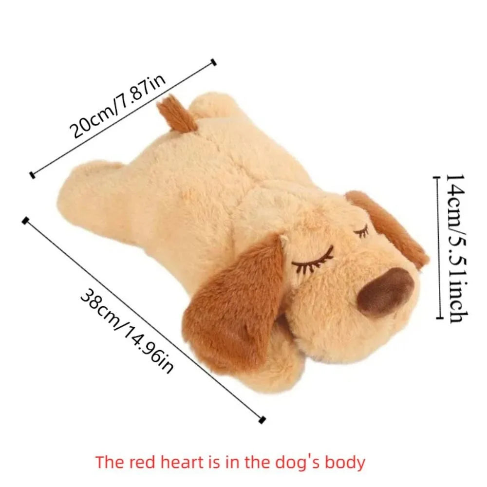 Plush dog toy with measurements on a white background