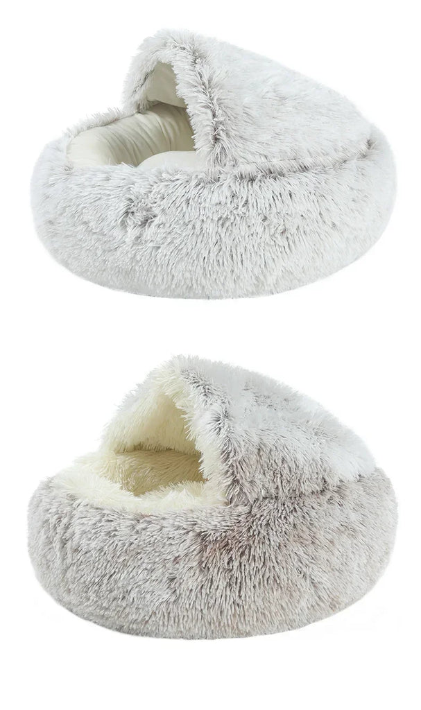 Two gray fluffy pet beds with white interior on a white background
