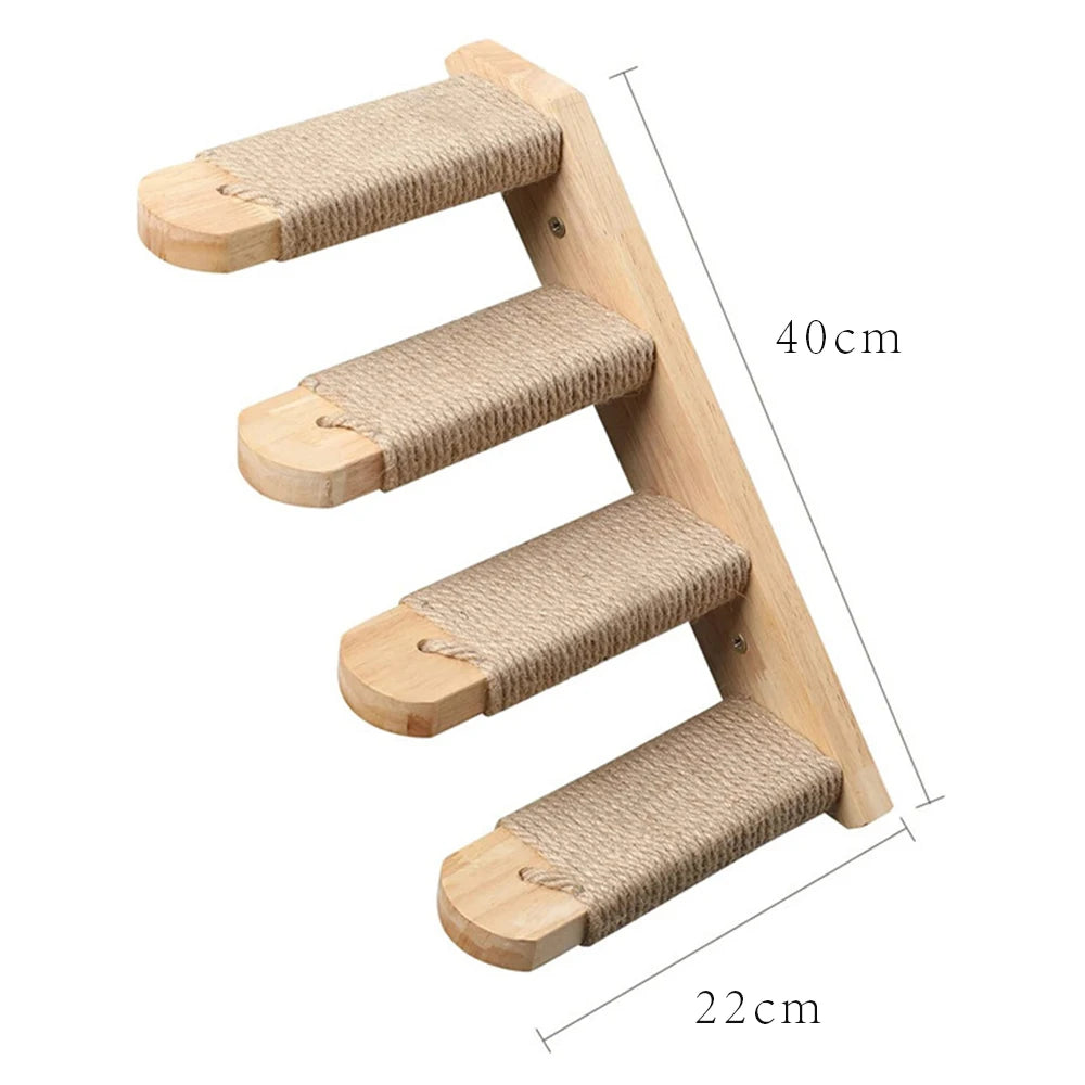 Wooden cat climbing shelf with sisal-wrapped steps and dimensions on a white background