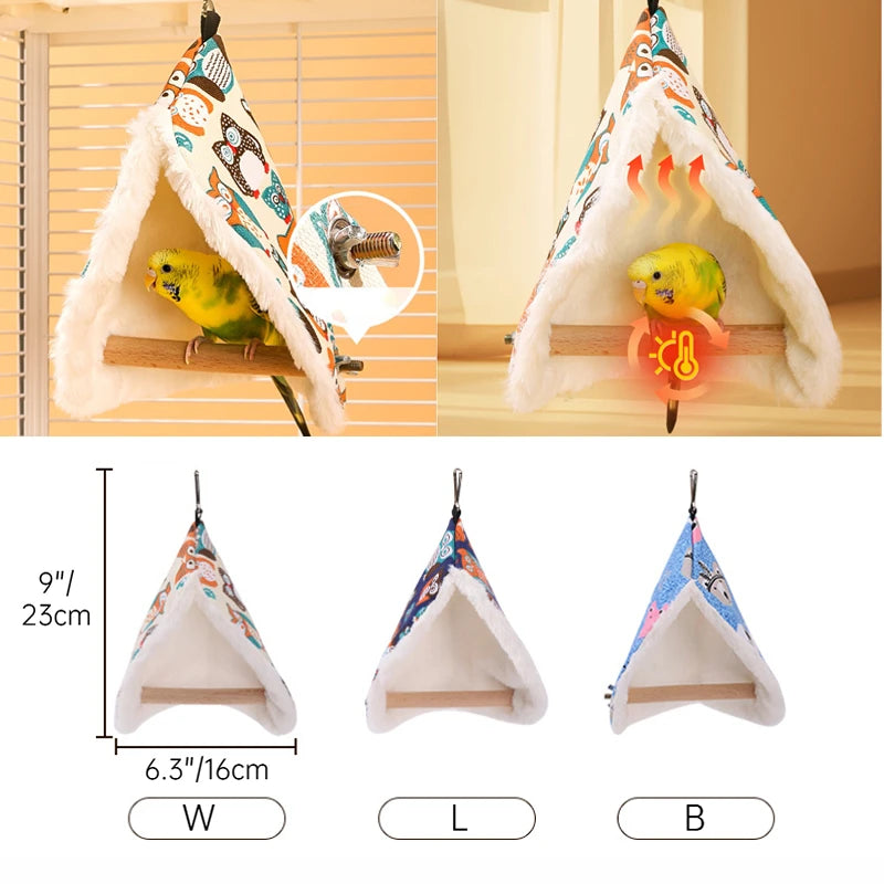 Pet bird hammock with dimensions displayed on a wooden surface.