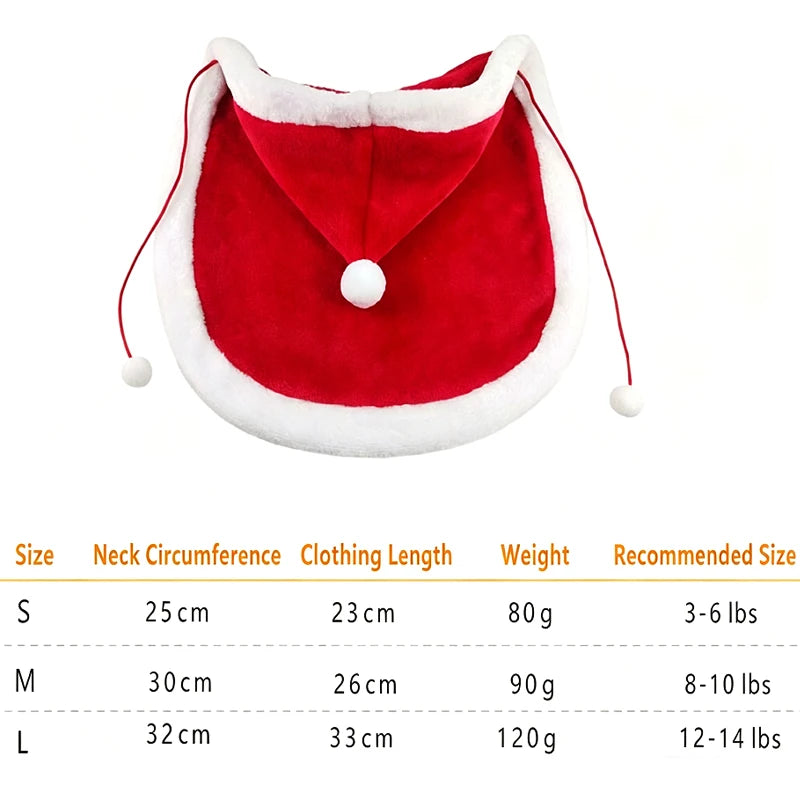 Red and white Santa hat pet hood with a plush faux fur trim, shown above a size chart table detailing measurements for S, M, and L sizes.