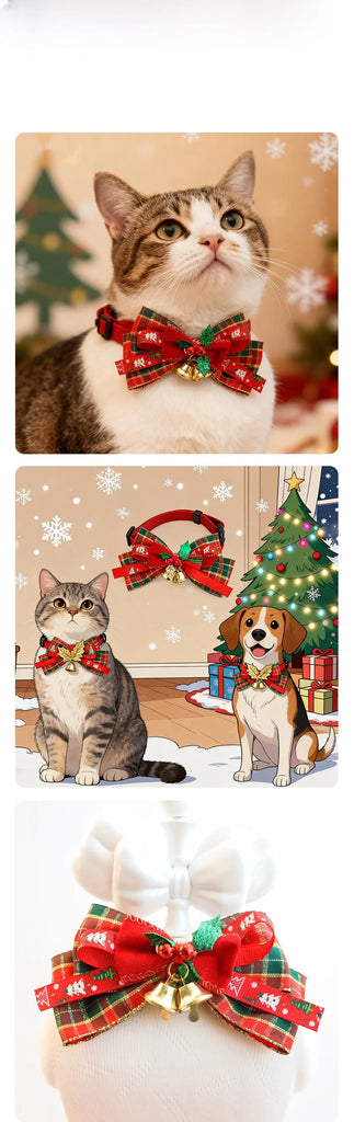 A Christmas-themed pet accessory set featuring a red plaid cat bow collar and a matching dog bow collar with gold bells, shown both on illustrated pets and on a white mannequin head.