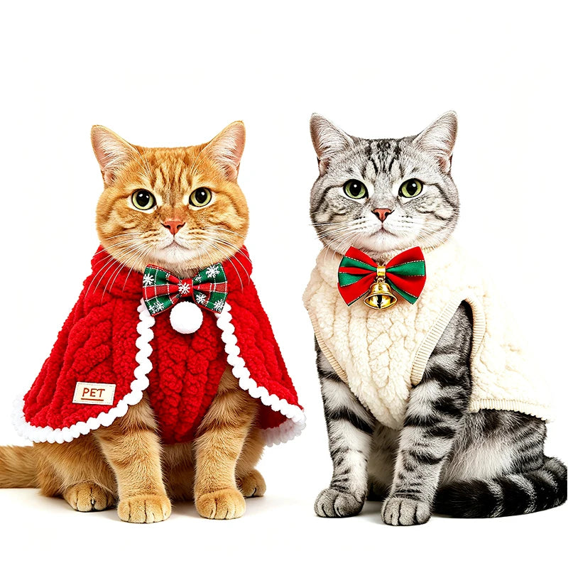 Two cats wearing Christmas-themed pet sweaters and vests. The left cat is orange and wears a red knit cape with white trim and a green plaid bow.