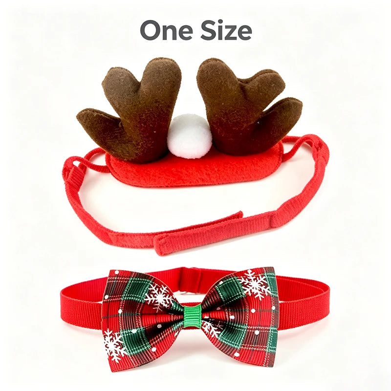 Two Christmas-themed pet headbands shown on a white background with the text 'One Size' at the top. The upper headband is red with brown reindeer antlers and a white ball.