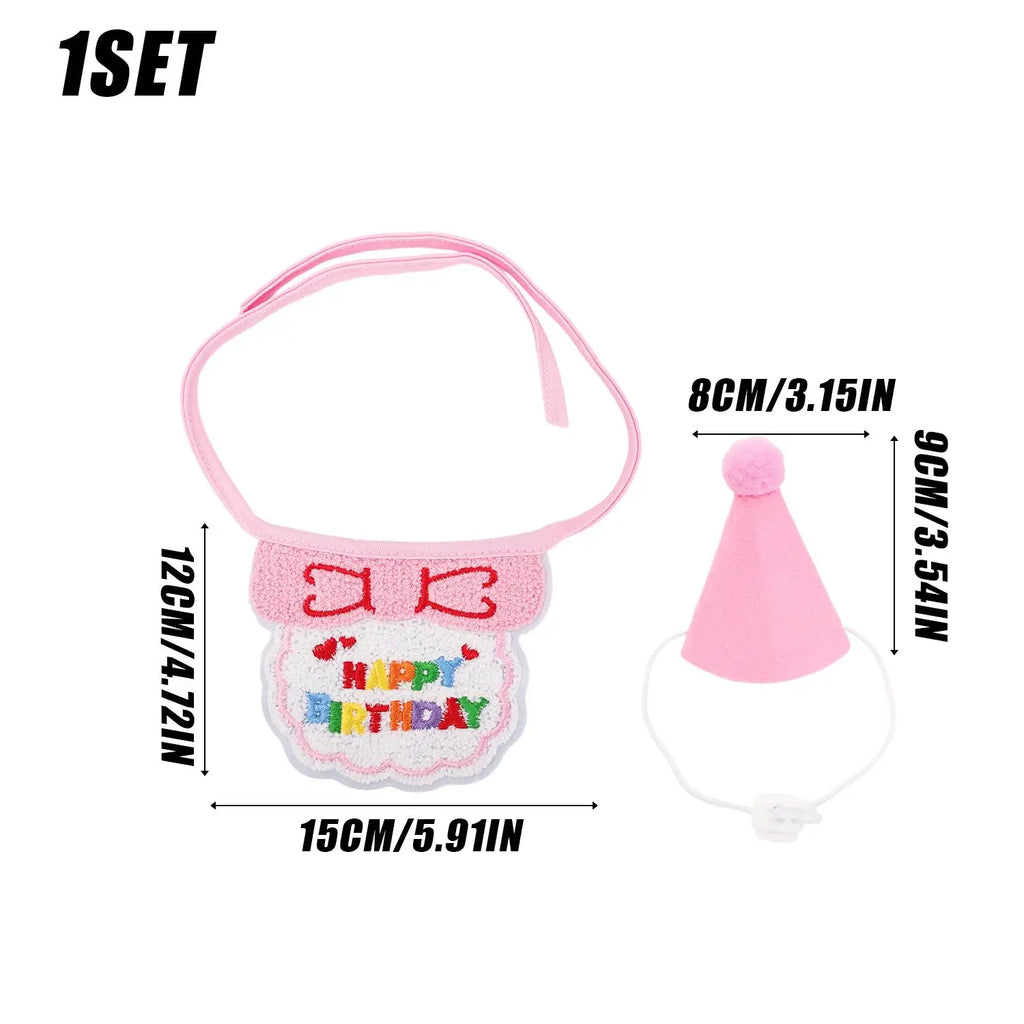 Pink baby headband and matching party hat set with dimension labels on a white background. The headband has a bow detail and a 'HAPPY BIRTHDAY' patch, and the set includes a pink party hat with a pom-pom.