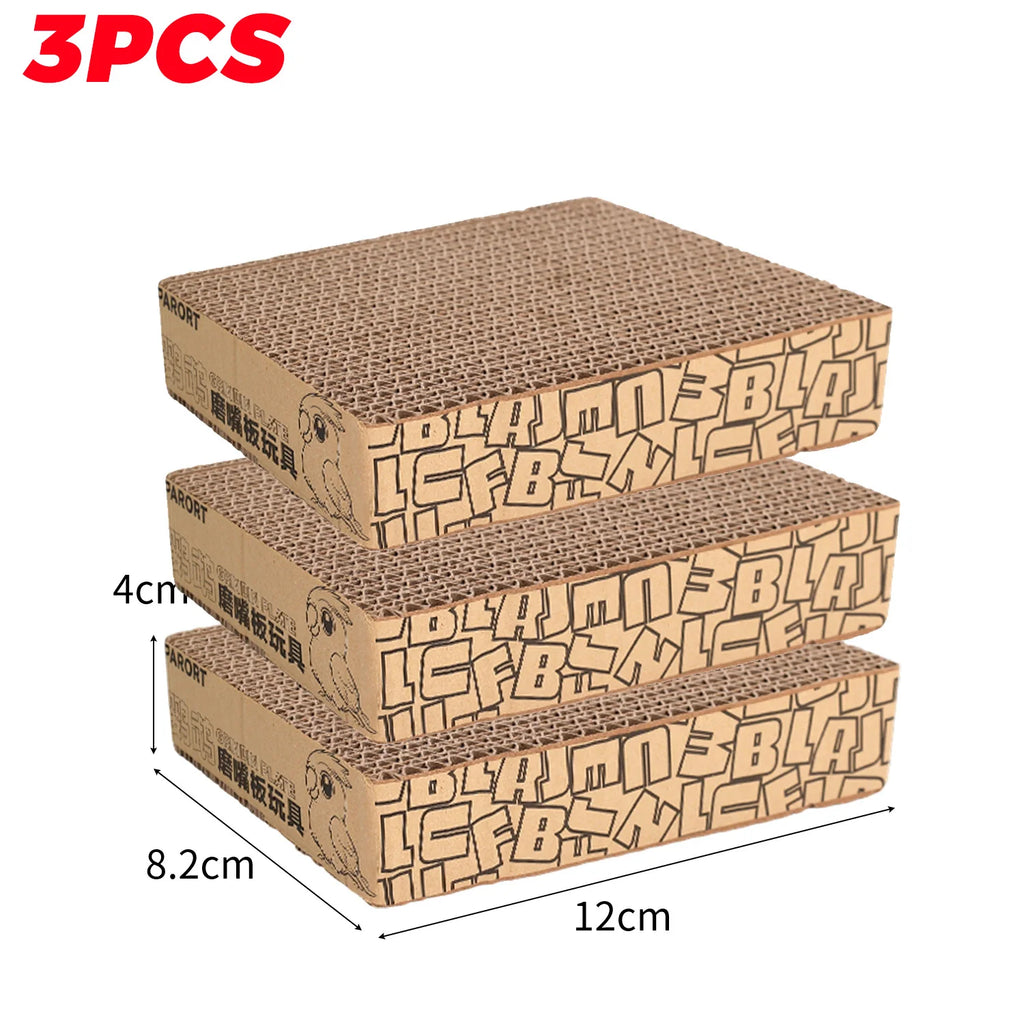 Three cardboard scratchers with dimensions and text on a white background