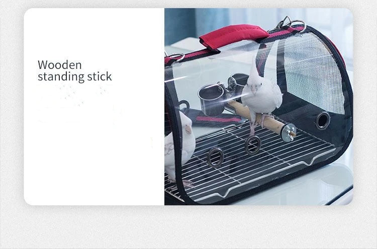 Pet carrier with a wooden standing stick inside, on a light gray background.