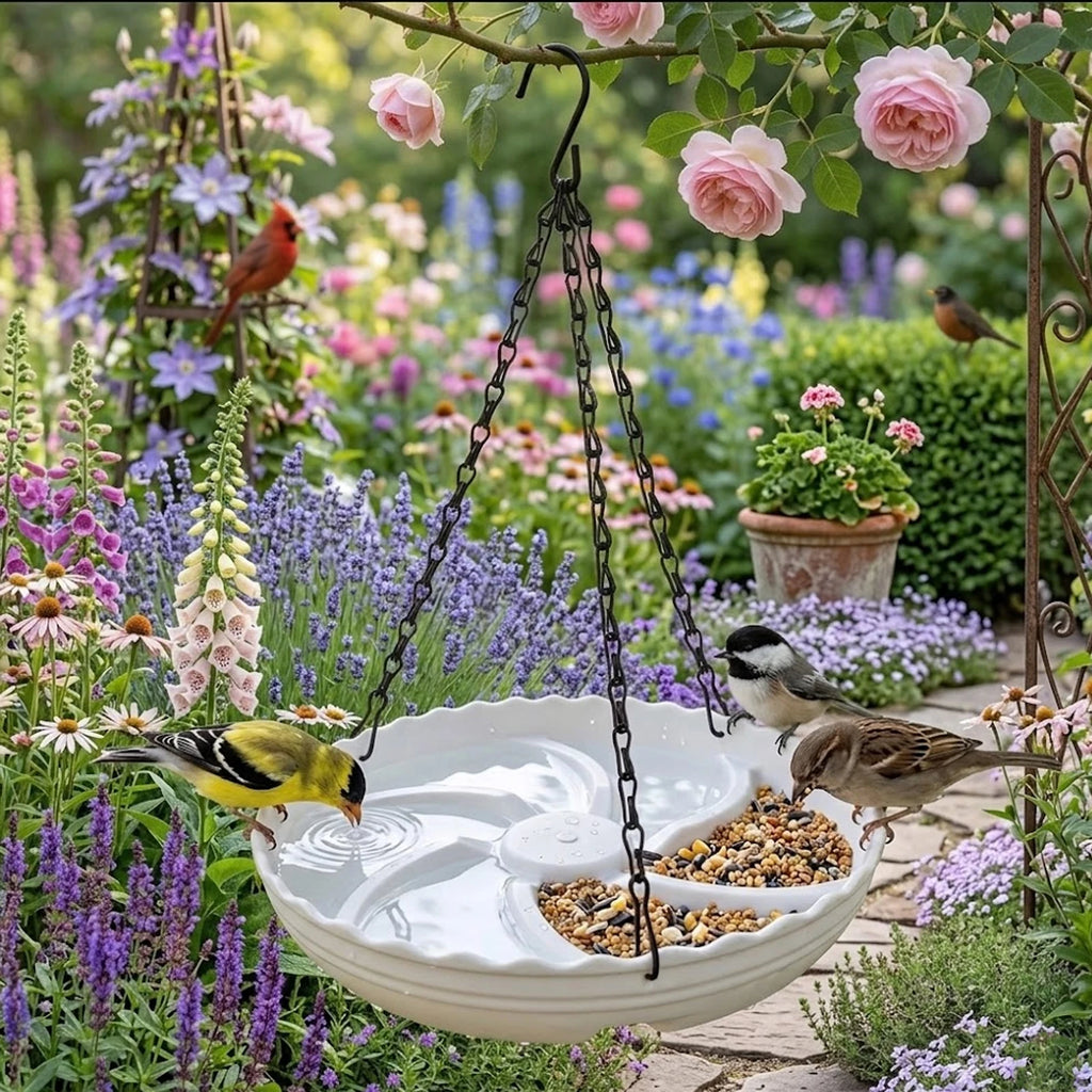 A white ceramic hanging bird feeder with a divided tray, suspended by black chains in a lush garden. Two birds are drinking water from the tray, while another bird and a cardinal perch nearby among pink roses and purple flowers.