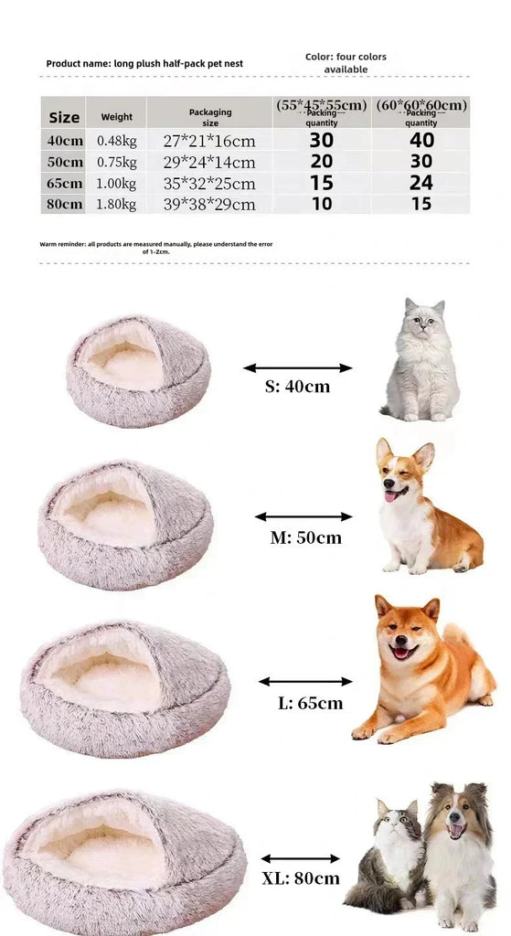 Pet bed with size chart and illustrations of dogs and cats