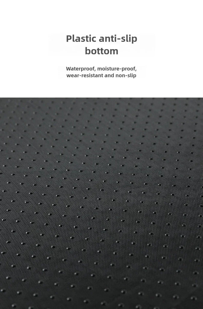 Text reading 'Plastic anti-slip bottom' above a close-up of a dark textured surface with small raised dots, describing waterproof, moisture-proof, wear-resistant, and non-slip properties.