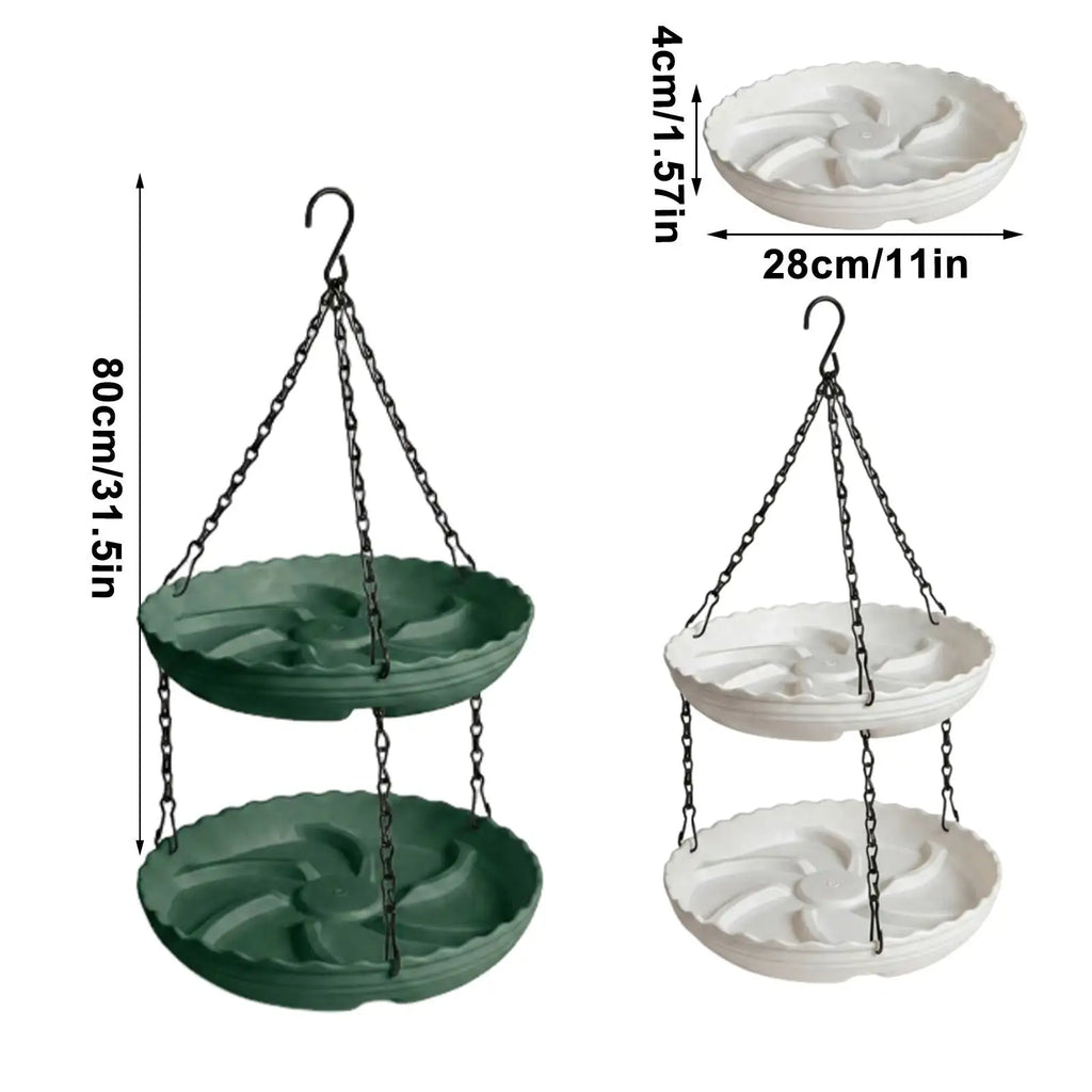 Two hanging two-tier planter trays on a white background, one dark green and one white, with dimension callouts showing 80 cm height and 28 cm width for the tray.