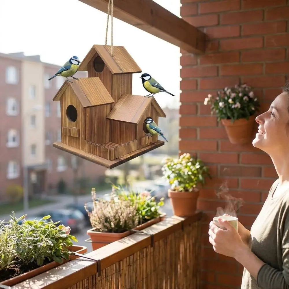 Person on a balcony with a wooden birdhouse and birds, enjoying a cup of coffee.
