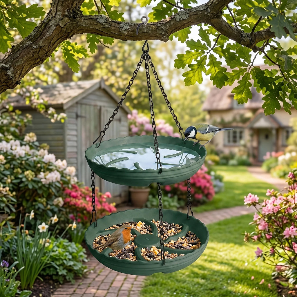 A green two-tier hanging bird feeder suspended from a tree branch in a garden, with a small bluebird perched on the upper tray. The bottom tray contains birdseed, and the background shows a nicely landscaped yard with flowers, a shed, and houses.