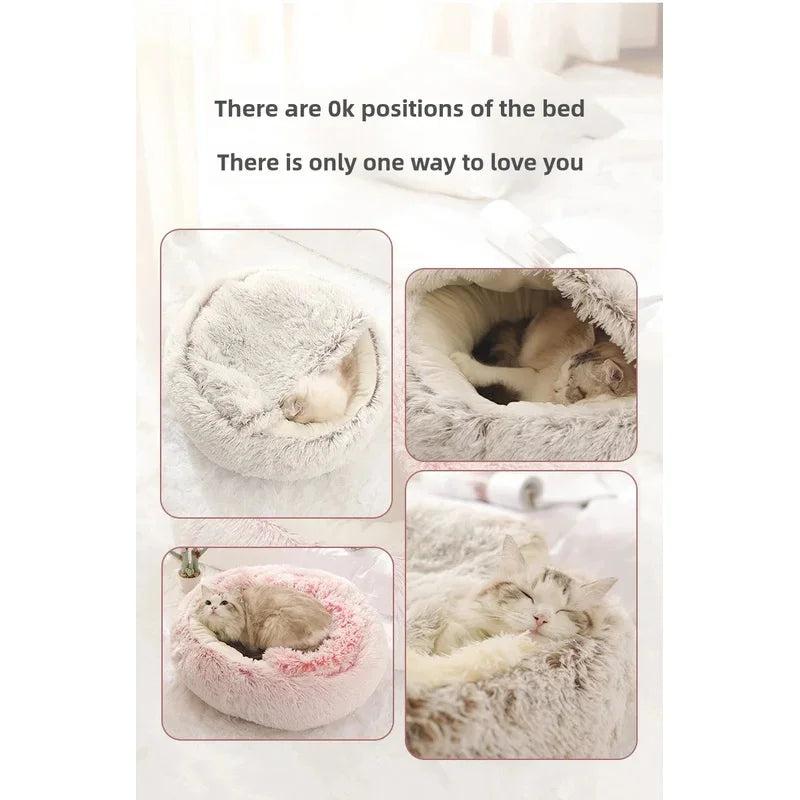 Fluffy pet bed with a cat inside, surrounded by text.