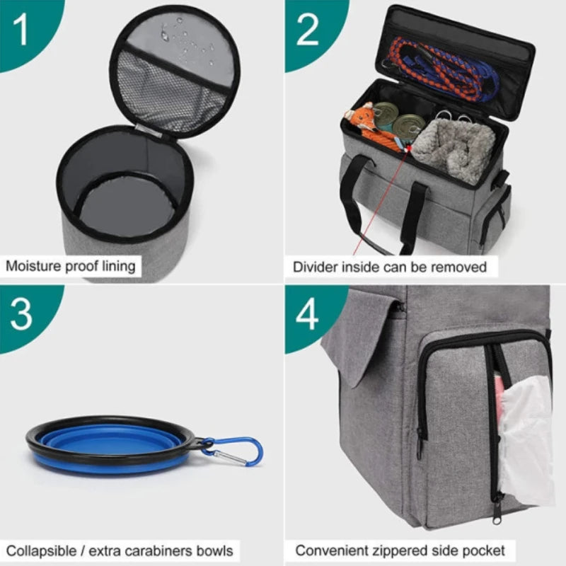 Gray pet travel bag with features highlighted on a white background