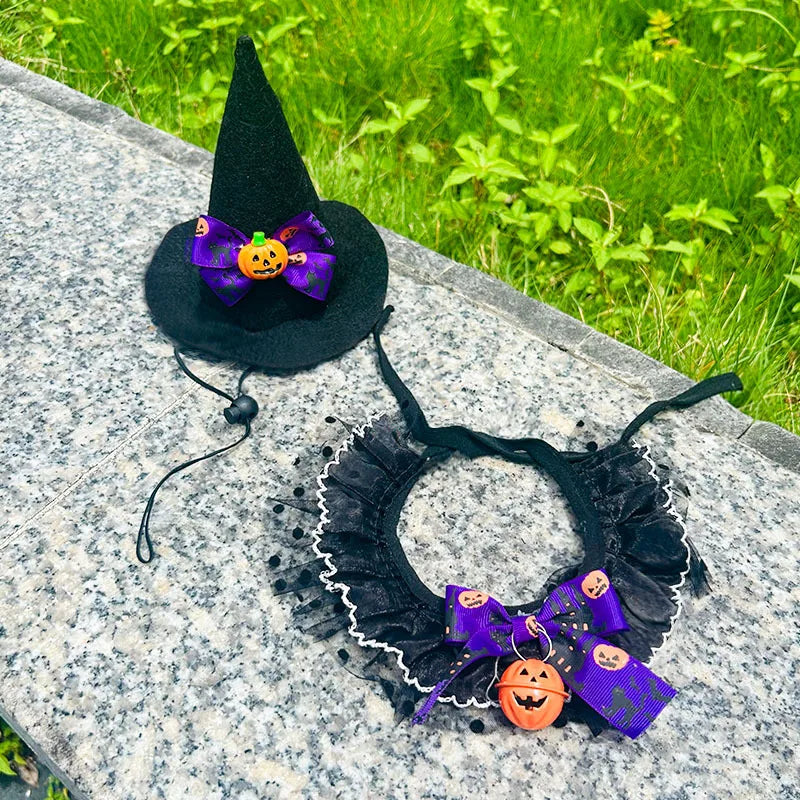 Halloween Pet Costume Set – Witch Hat & Bandana Scarf for Cats & Small Dogs, Cute Cosplay Outfit for Parties & Photos