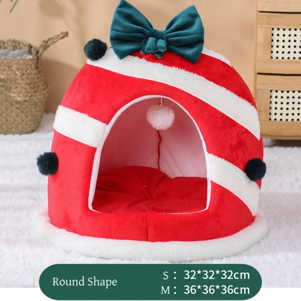 Christmas Gift Box Cat House – Winter Closed Cat Nest & Warm Sleeping Bed for Cats, Kittens & Small Dogs