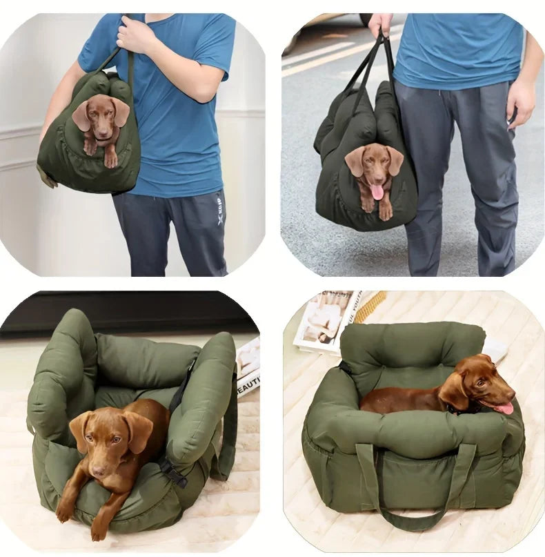 Collage of a green pet carrier with a dog inside, used for carrying and resting.