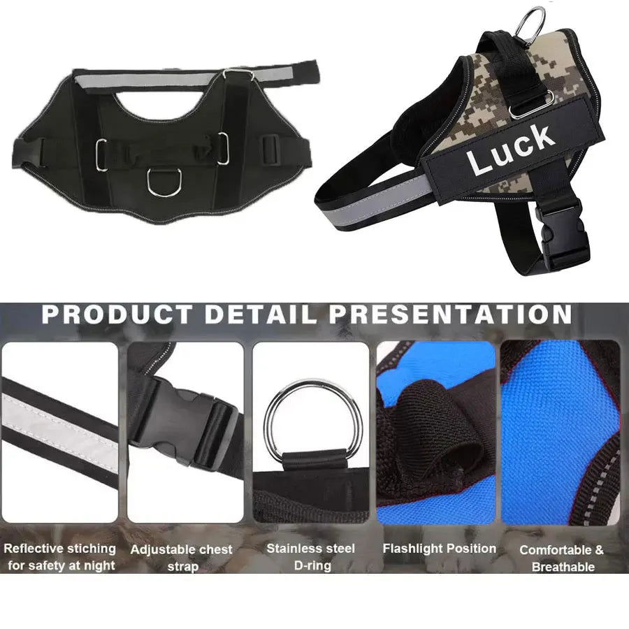 Dog harness with reflective stitching, adjustable chest strap, stainless steel D-ring, flashlight position, and comfortable breathable design.