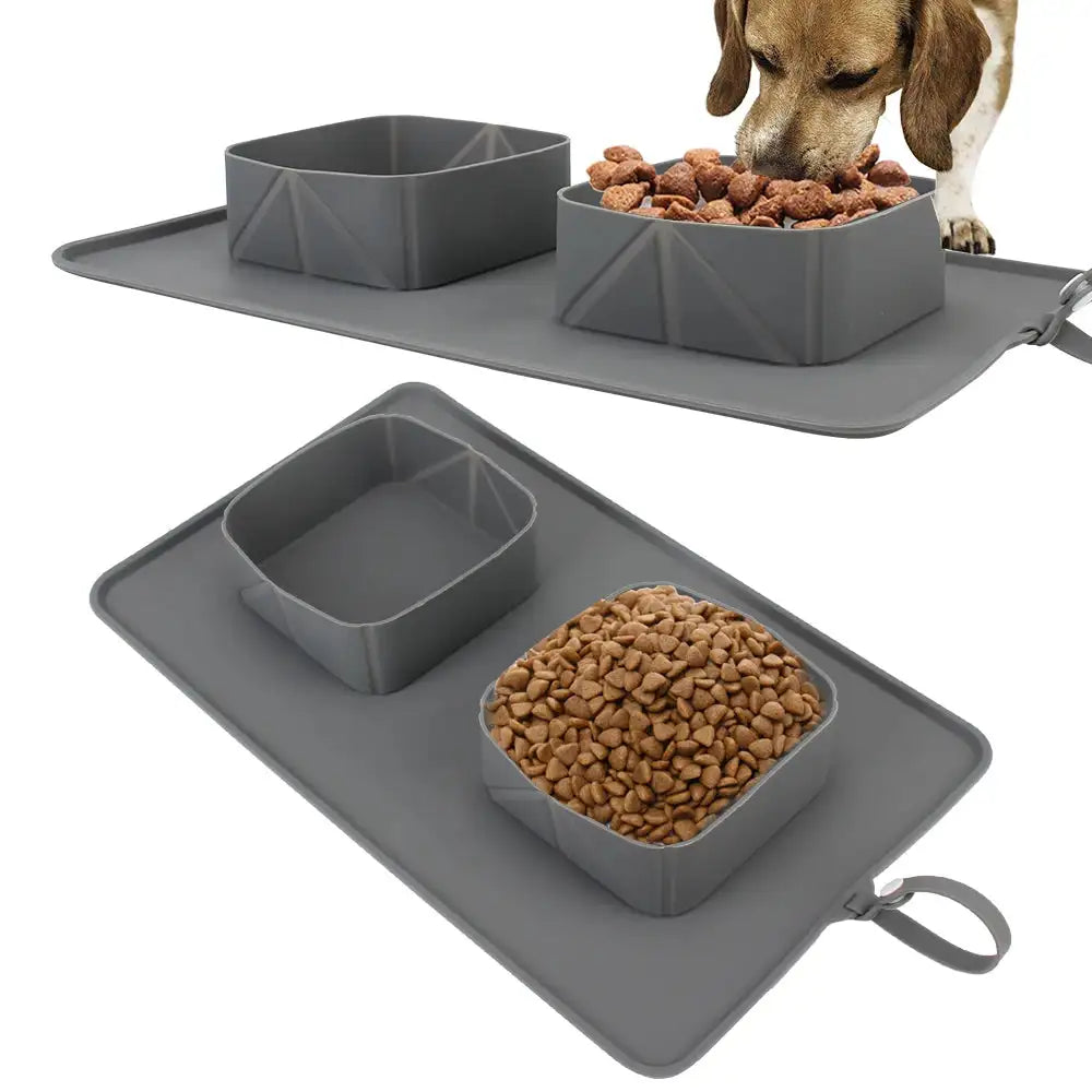 Portable Silicone Pet Bowl Set with Flannel Bag – Foldable Double Bowls for Dogs and Cats