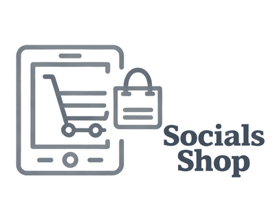 Logo of 'Socials Shop' with shopping cart and bag icon on a white background