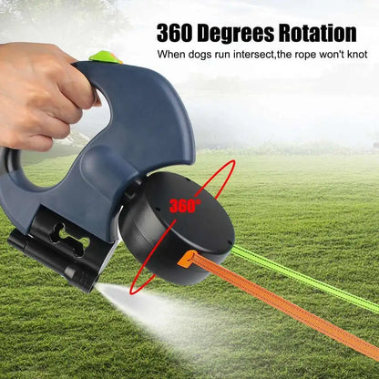 2-in-1 Auto-Retract Dual Dog Leash: LED Light + Tangle-Proof 360° Swivel & Poop Bag Dispenser