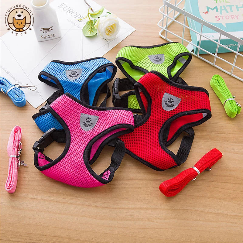 Four colorful dog harnesses on a wooden surface with leashes.