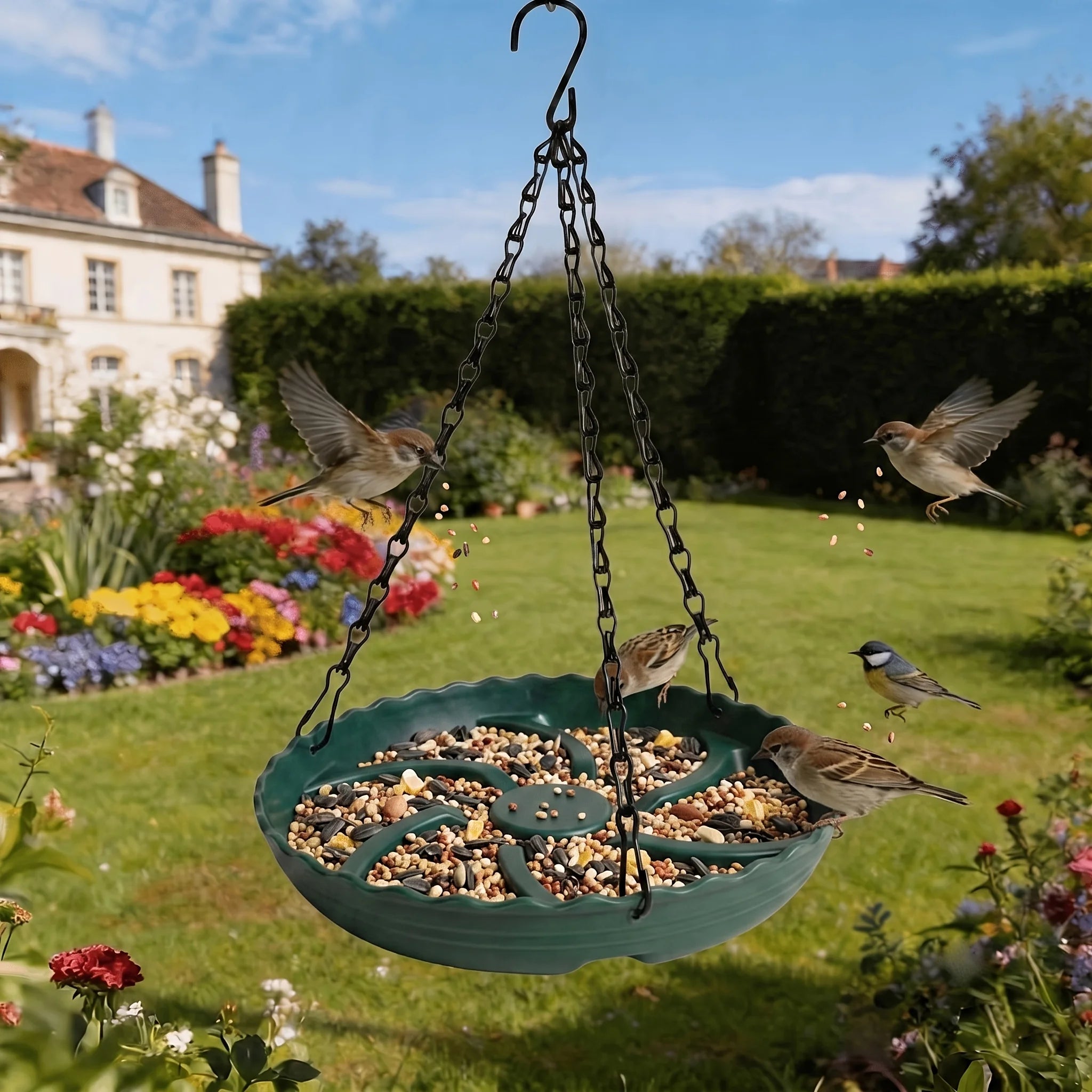 A green hanging bird feeder filled with birdseed, suspended by black chains in a sunny garden. Several small birds are flying around and perched on the feeder, with a lawn, flowers, hedge, and house visible in the background.
