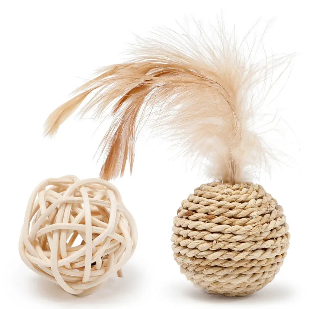 Rattan & Feather Ball Set - Interactive Cat Toys