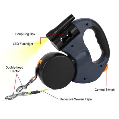 2-in-1 Auto-Retract Dual Dog Leash: LED Light + Tangle-Proof 360° Swivel & Poop Bag Dispenser