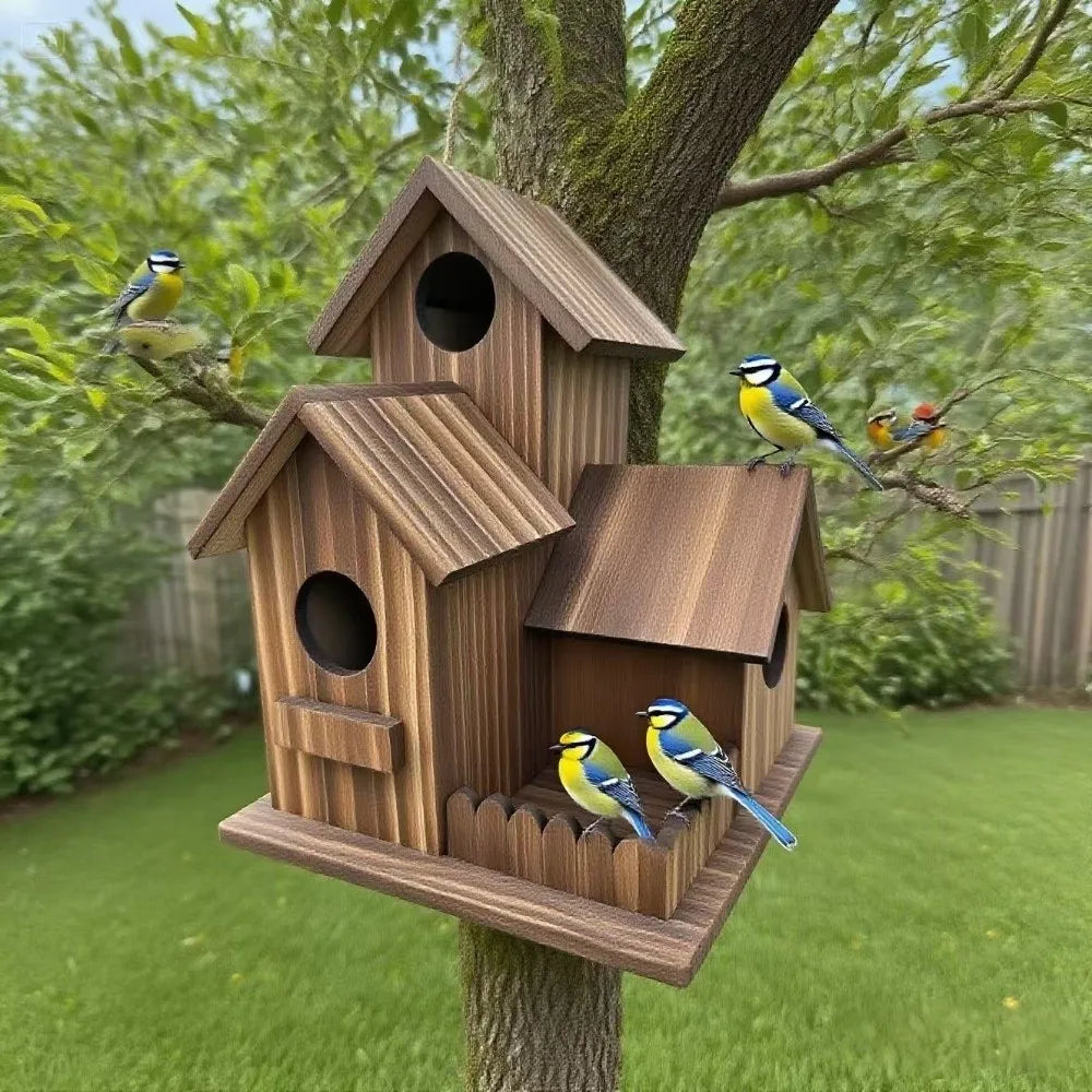 Wooden birdhouse with multiple birds perched on it in a garden setting
