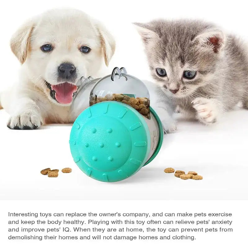 Teal ball-shaped pet toy with treats, surrounded by a puppy and a kitten on a white background.