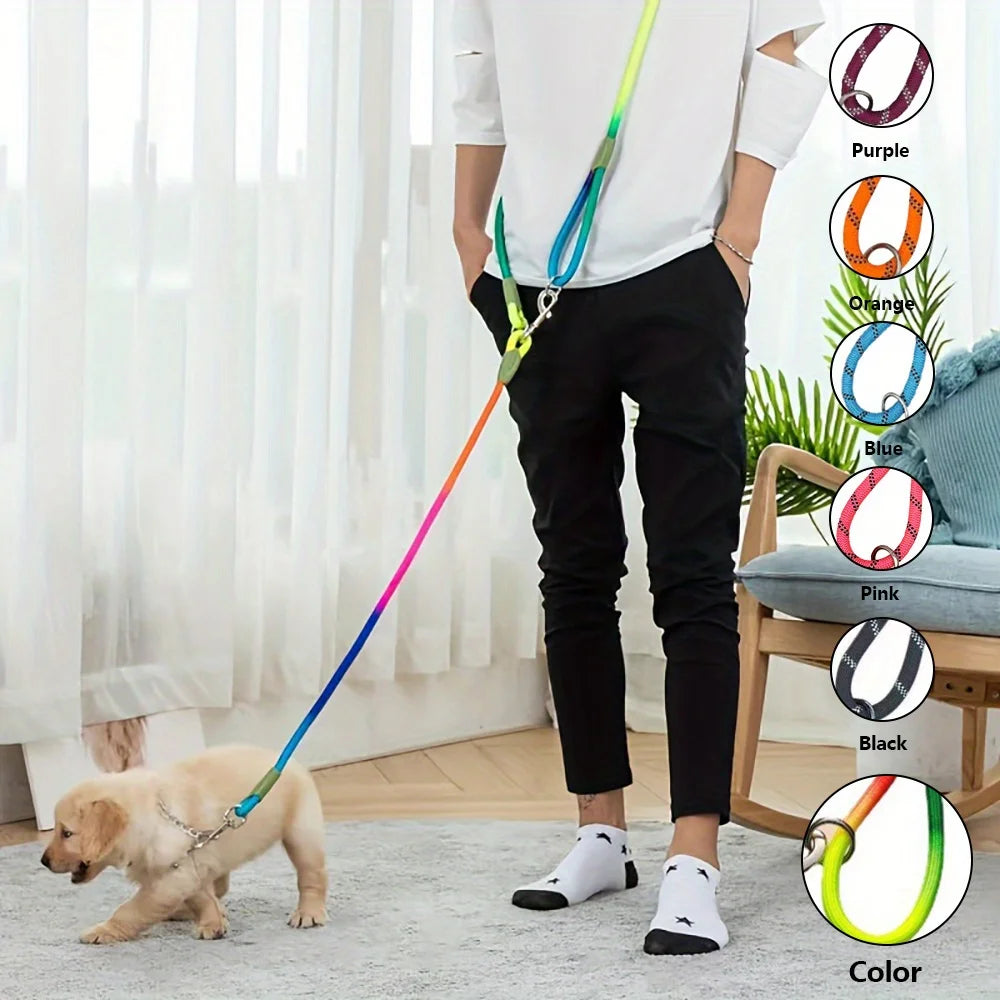 Person walking a dog on a colorful leash with color options displayed.