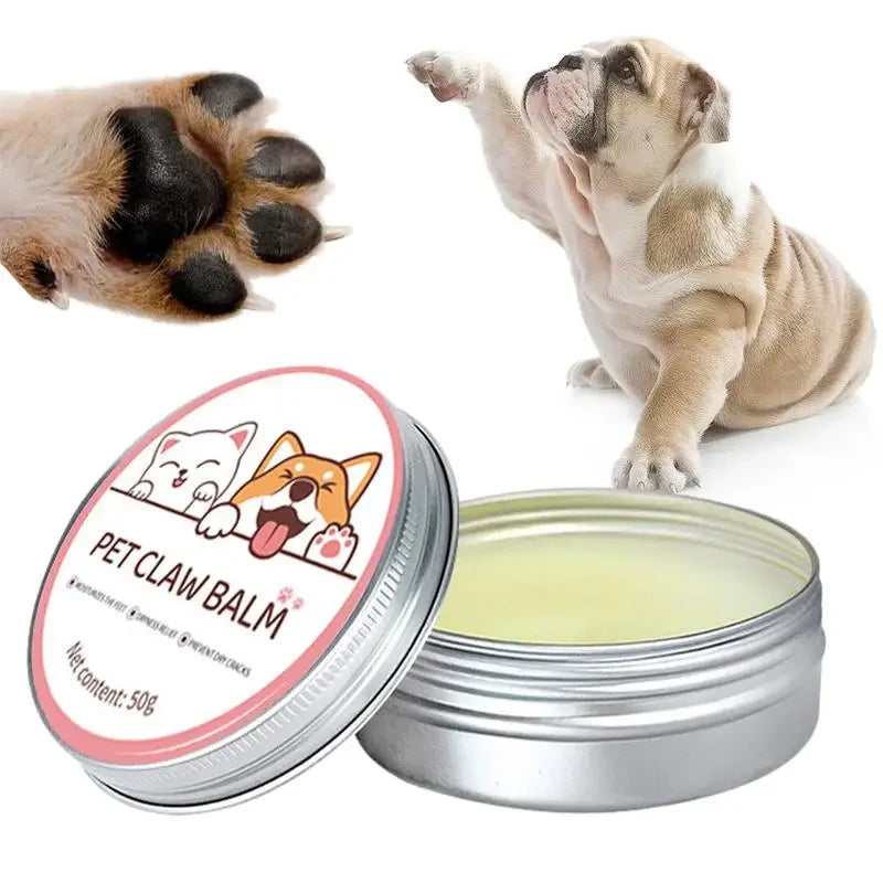 Pet claw balm with a paw, bulldog, and product packaging on a white background