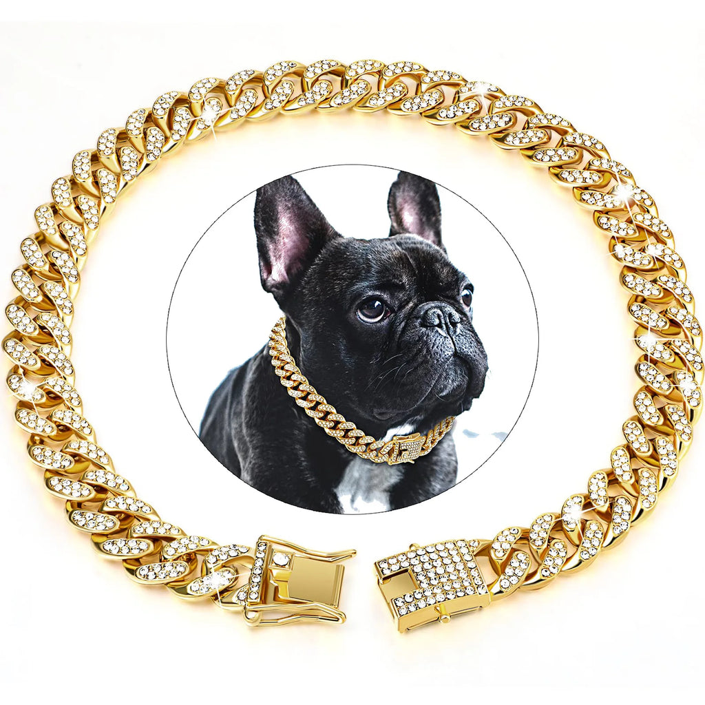 Gold chain collar with diamond accents on a white background