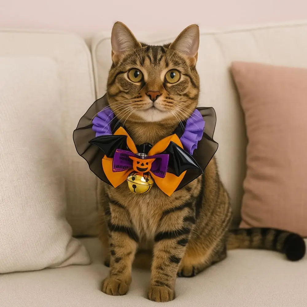 Cat wearing a Halloween-themed collar with a purple bow and gold bell on a beige couch.