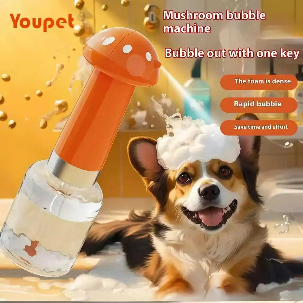 Dog with a mushroom-shaped bubble machine and Youpet branding