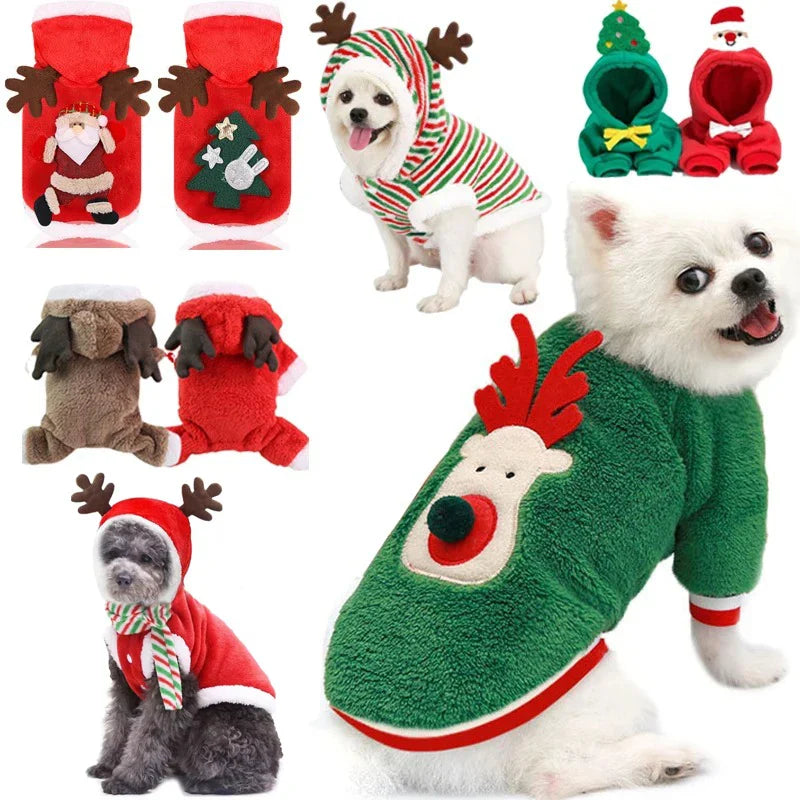 Collage of dogs wearing Christmas-themed dog clothes with various designs.