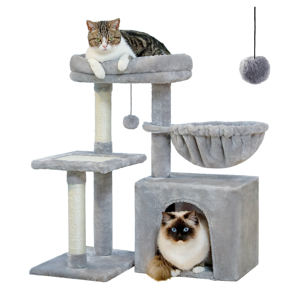 Cat tree with multiple levels and a hanging ball, featuring two cats on a white background.