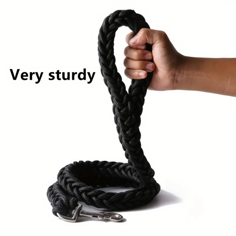 Black braided dog leash held by a hand with text 'Very sturdy' on a white background