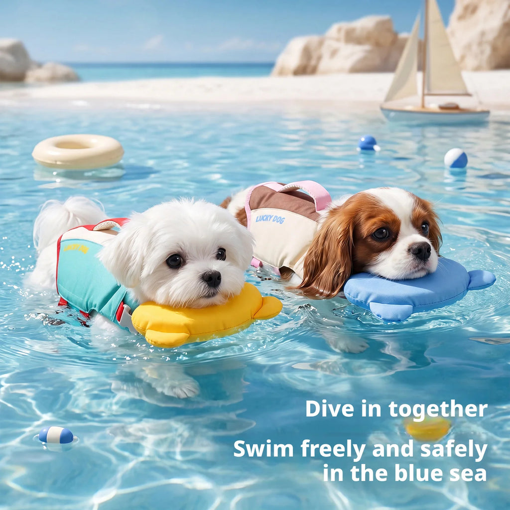Two small dogs floating in a swimming pool wearing life jackets and floating rings, with beach scenery and a sailboat in the background. White text at the bottom reads, 'Dive in together Swim freely and safely in the blue sea.