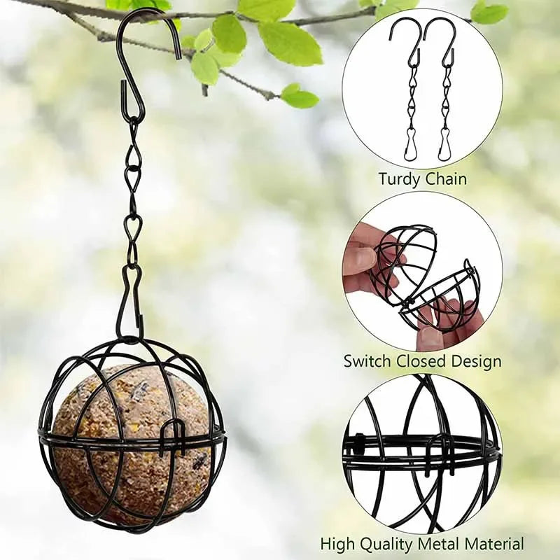 Bird feeder with metal chain and detailed views of design elements against a natural background