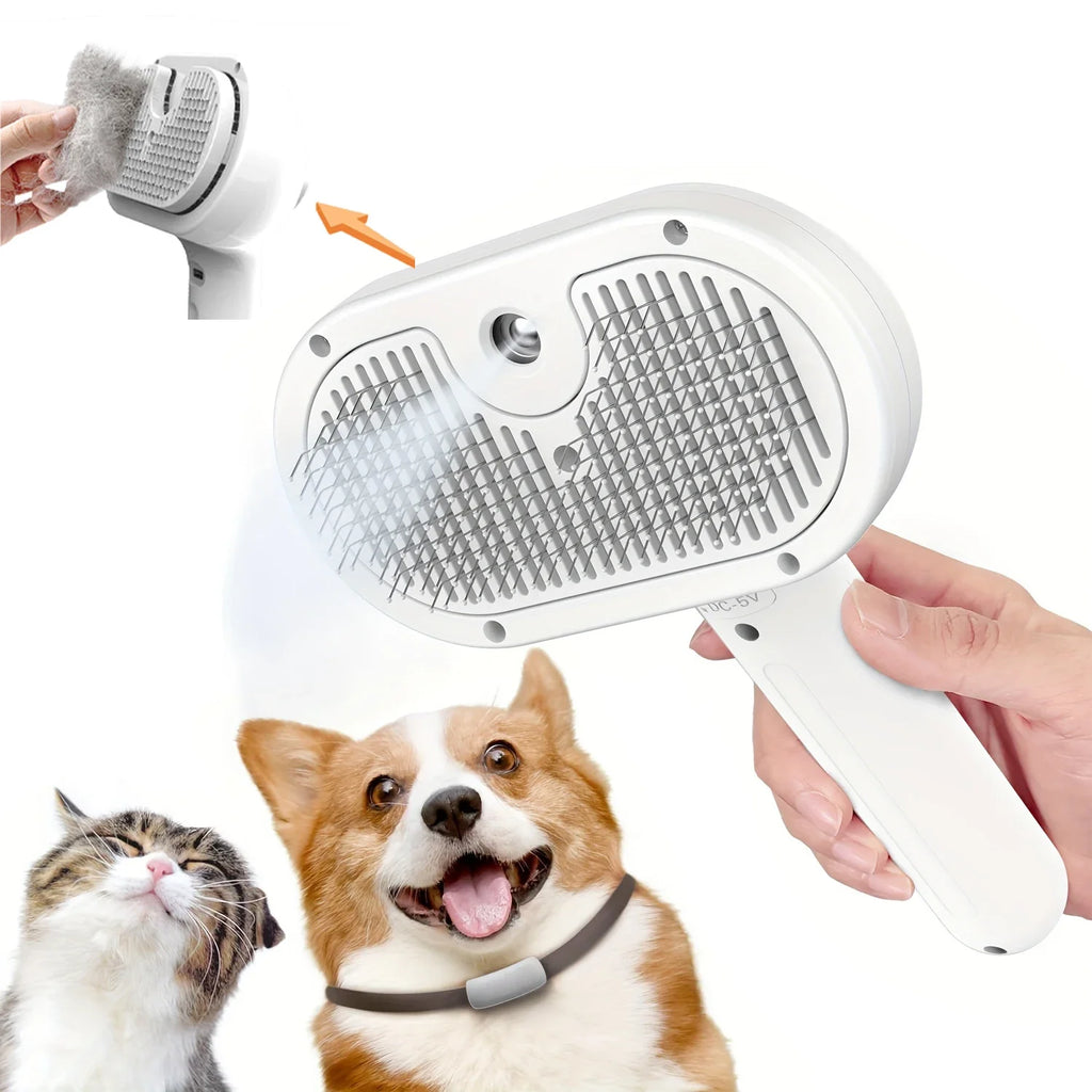 Pet grooming brush with a close-up of its bristle head, held by a person, with a dog and cat in the background.