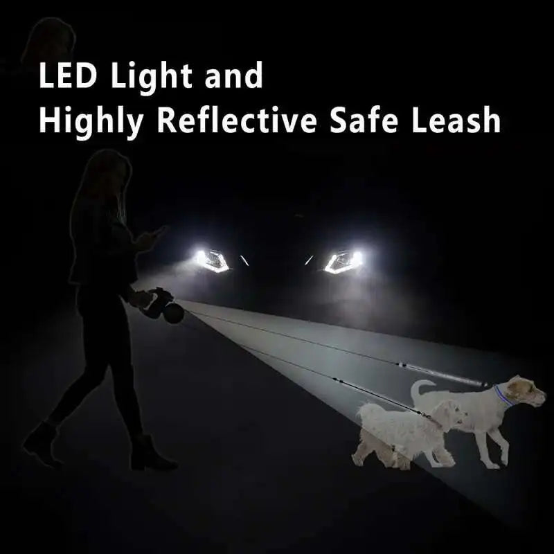 2-in-1 Auto-Retract Dual Dog Leash: LED Light + Tangle-Proof 360° Swivel & Poop Bag Dispenser