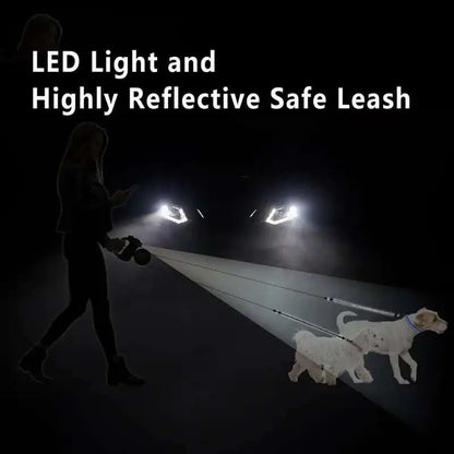 2-in-1 Auto-Retract Dual Dog Leash: LED Light + Tangle-Proof 360° Swivel & Poop Bag Dispenser
