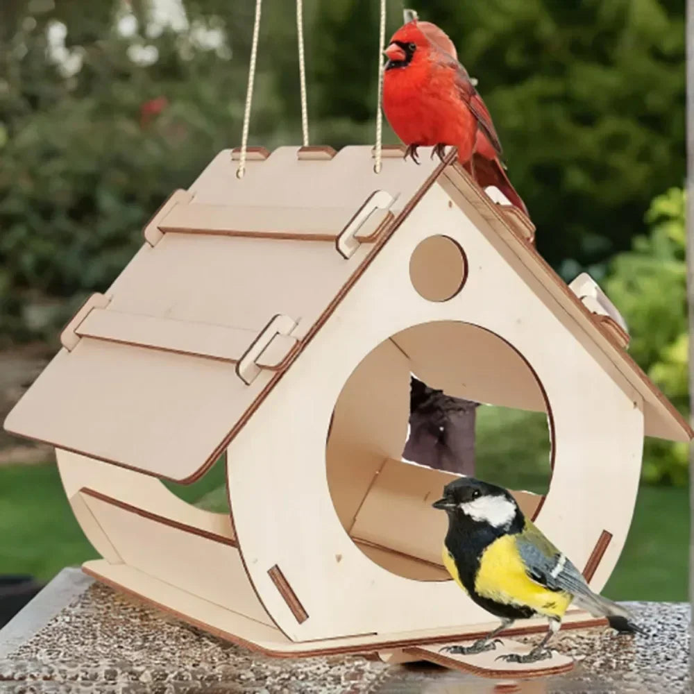 Wooden birdhouse with birds perched on it against a blurred green background