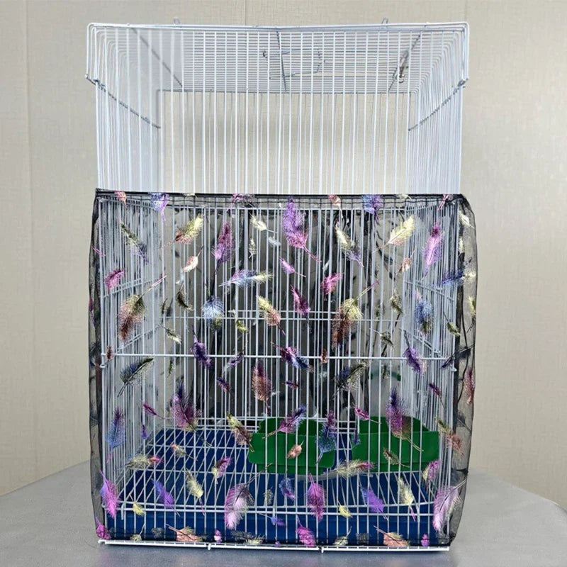 Bird cage with colorful parakeets on a plain background